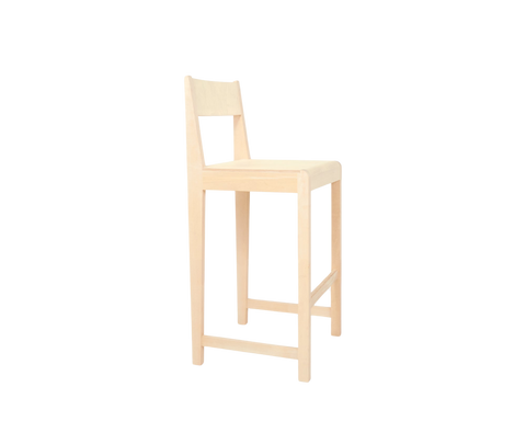 Frama Bar Chair 01 in Natural Birch, pale birch bar chair turned so the seat edge and a rear leg face the camera on white
