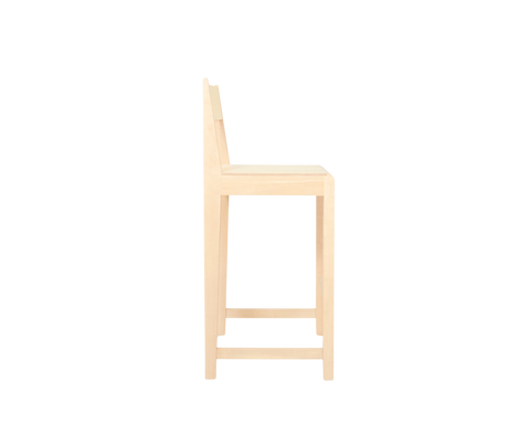Frama Bar Chair 01 in Natural Birch, pale birch bar chair in side profile, rear leg running straight up to the back rail