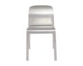 Frama Rivet Chair in Aluminum, brushed metal chair seen square from the front, rounded back shell above a flat seat