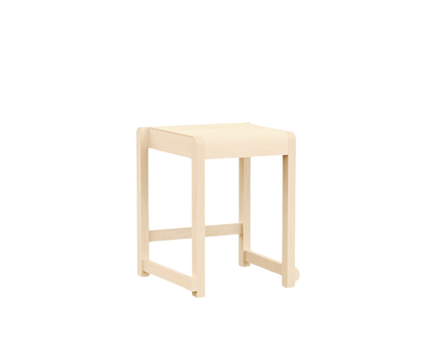 Frama Low Stool 01 in Natural Birch, pale birch stool with a flat seat over four square legs and low rails, on a white background
