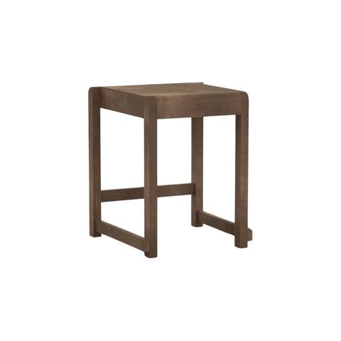 Frama Low Stool 01 in Dark Brown Birch, dark stained birch stool with a slim seat and square stretchers, angled view on white