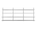 Frama Shelf Library Triple Section in Stainless Steel, three bays of slim steel shelves with four levels, seen straight on