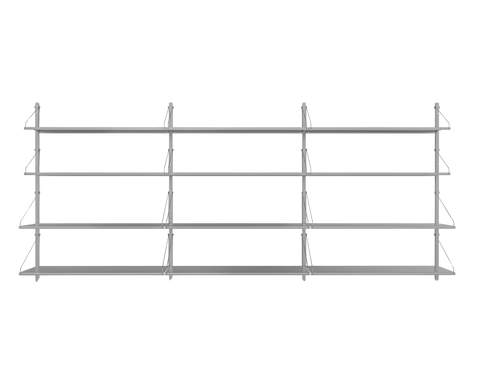Frama Shelf Library Triple Section in Stainless Steel, three bays of slim steel shelves with four levels, seen straight on
