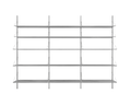 Frama Shelf Library Triple Section in Stainless Steel, tall steel shelving with five levels across three bays against white