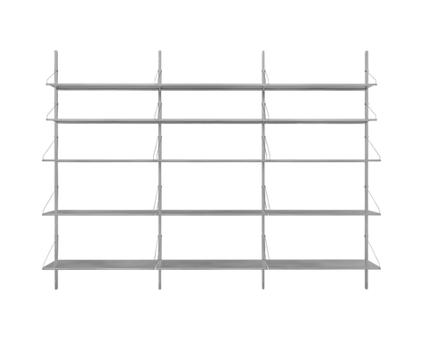 Frama Shelf Library Triple Section in Stainless Steel, tall steel shelving with five levels across three bays against white