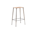 Frama Adam Stool, bar height stool with splayed raw steel legs and a leather seat, photographed straight on against white