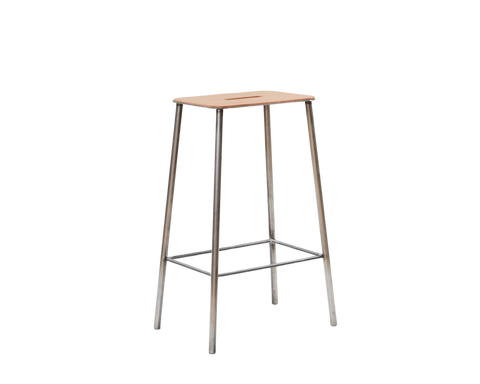 Frama Adam Stool, bar height stool with splayed raw steel legs and a leather seat, photographed straight on against white