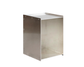 Frama Rivet Box Table in Aluminum, the box turned to show the open side and hollow interior, rivets running along the panel edges