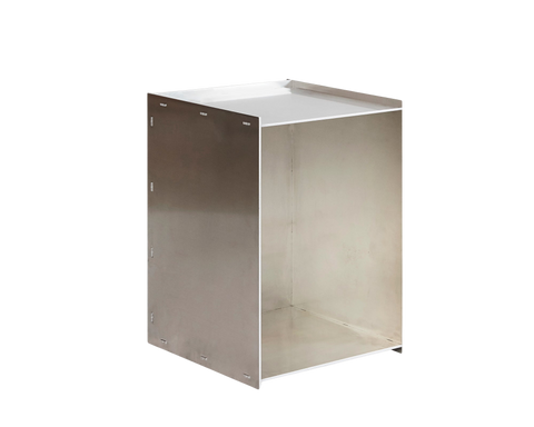 Frama Rivet Box Table in Aluminum, the box turned to show the open side and hollow interior, rivets running along the panel edges