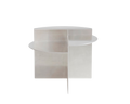 Frama Rivet Side Table in Aluminum, the table seen from behind, curved panel wrapping past the flat half round shelf