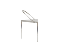 Frama Triangolo Chair in Stainless Steel, side profile with the hoop back seen edge on above the triangular seat and three slim legs