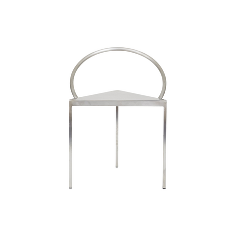 Frama Triangolo Chair in Stainless Steel, steel chair with a round hoop back above a triangular seat on three square legs, front view