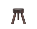 Frama AML Stool in Dark Pine, raised view looking down on the round seat top with three legs splayed below, on white