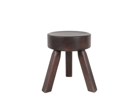 Frama AML Stool in Dark Pine, raised view looking down on the round seat top with three legs splayed below, on white