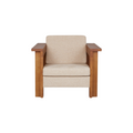 Frama Symmetry Lounge Chair in Oat Fabric and Ash, square ash frame with wide flat arms and oat seat and back cushions, front view on white