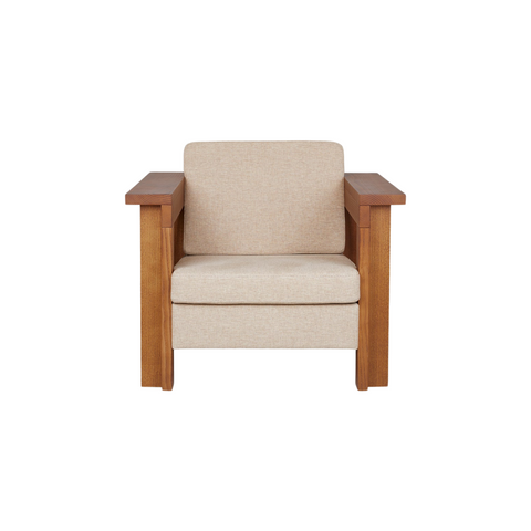 Frama Symmetry Lounge Chair in Oat Fabric and Ash, square ash frame with wide flat arms and oat seat and back cushions, front view on white