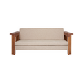 Frama Symmetry Couch in Oat Fabric and Ash, two seat couch with a brown ash frame, wide flat arms and oat cushions, front view on white