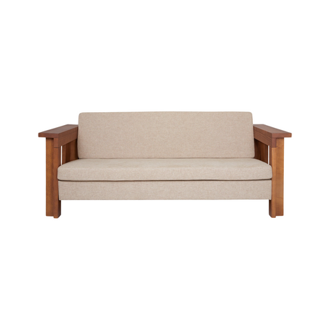 Frama Symmetry Couch in Oat Fabric and Ash, two seat couch with a brown ash frame, wide flat arms and oat cushions, front view on white