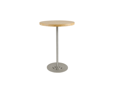 Frama Table 57 in Yellow Limestone, narrow round limestone top on a polished steel column and disc base, shown on a white background