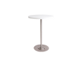 Frama Table 57 in White HDPE, small round white top on a slim steel column with a heavy round foot, front view on white