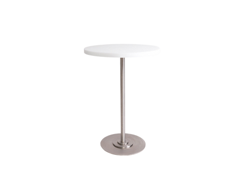 Frama Table 57 in White HDPE, small round white top on a slim steel column with a heavy round foot, front view on white