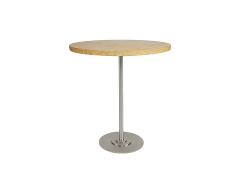Frama Table 57 in Yellow Limestone, wide speckled limestone top on a slender steel stem and a round metal foot, shown on white