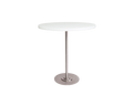 Frama Table 57 in White HDPE, wide round white top on a steel column rising from a weighted disc base, front view on white
