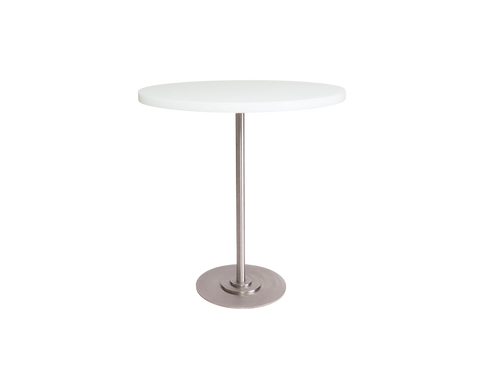 Frama Table 57 in White HDPE, wide round white top on a steel column rising from a weighted disc base, front view on white