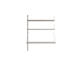 Frama Shelf Library Add-on Desk Section in Stainless Steel, one upright carrying two narrow steel shelves above a wider desk shelf, on white