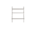Frama Shelf Library Desk Section in Stainless Steel, shorter steel wall frame with a desk shelf and one upper shelf, shown on white
