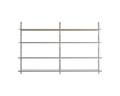 Frama Shelf Library Double Section in Stainless Steel, steel shelving with four shelves across two bays on slim uprights, front view on white