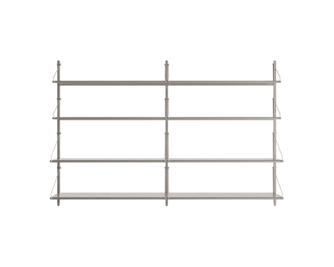 Frama Shelf Library Double Section in Stainless Steel, steel shelving with four shelves across two bays on slim uprights, front view on white