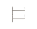 Frama Shelf Library Add-on Hanger Section in Stainless Steel, one upright with two steel shelves and a hanging rail under the upper shelf on white