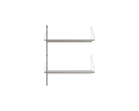 Frama Shelf Library Add-on Hanger Section in Stainless Steel, one upright with two steel shelves and a hanging rail under the upper shelf on white