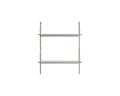 Frama Shelf Library Hanger Section in Stainless Steel, two steel shelves on slim uprights with a hanging rail below the top shelf on white