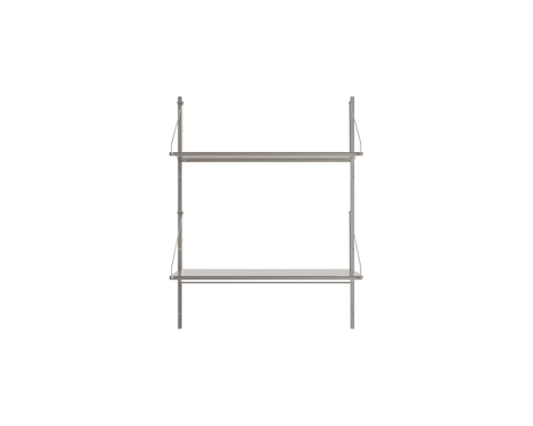 Frama Shelf Library Hanger Section in Stainless Steel, two steel shelves on slim uprights with a hanging rail below the top shelf on white