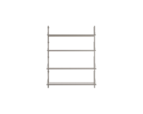 Frama Shelf Library Single Section in Stainless Steel, wide steel unit with four slim shelves on two uprights, on white
