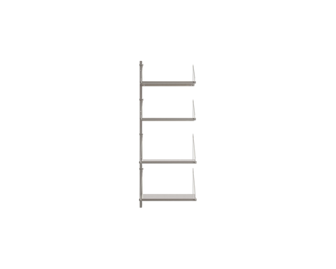 Frama Shelf Library Add-on Section in Stainless Steel, narrow unit with one steel upright and four steel shelves, front view on a white background