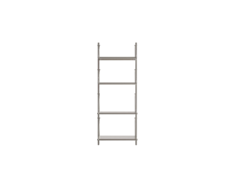 Frama Shelf Library Single Section in Stainless Steel, narrow steel unit with four thin shelves, seen straight on