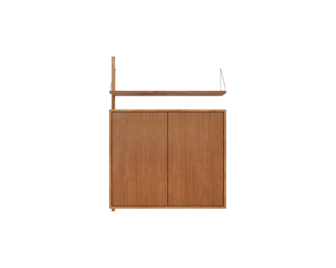 Frama Shelf Library Medium Cabinet Add-on Section in Natural Oak, one upright with a single oak shelf above a two door cabinet, on white