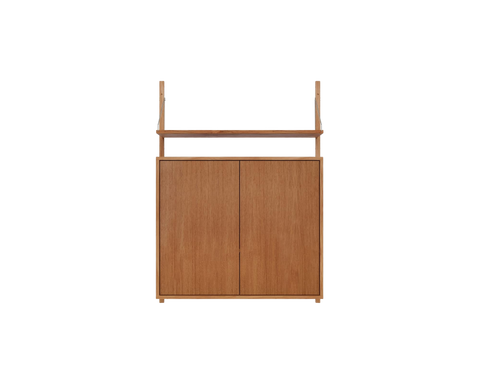 Frama Shelf Library Medium Cabinet Section in Natural Oak, wall mounted two door cabinet with an open shelf rail above, front view on white