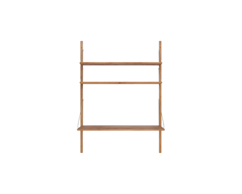 Frama Shelf Library Desk Section in Natural Oak, shorter oak wall frame with a desk shelf and one upper shelf, shown on white