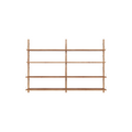 Frama Shelf Library Double Section in Natural Oak, wall mounted oak shelving with three uprights and four shelves across two bays, on white
