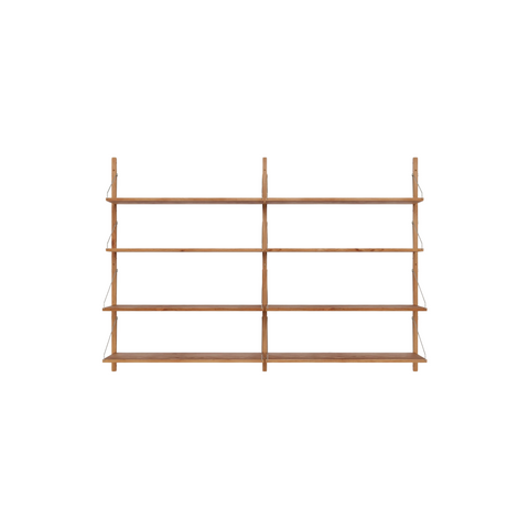 Frama Shelf Library Double Section in Natural Oak, wall mounted oak shelving with three uprights and four shelves across two bays, on white