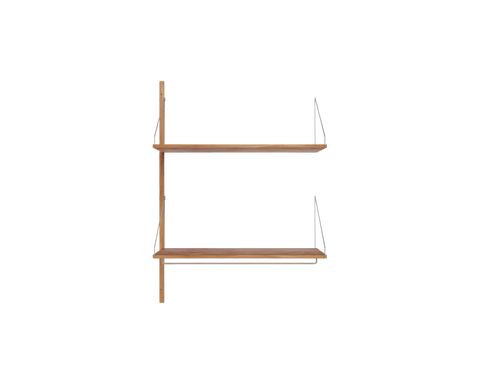 Frama Shelf Library Add-on Hanger Section in Natural Oak, single upright with two oak shelves and a hanging rail below the top shelf, on white