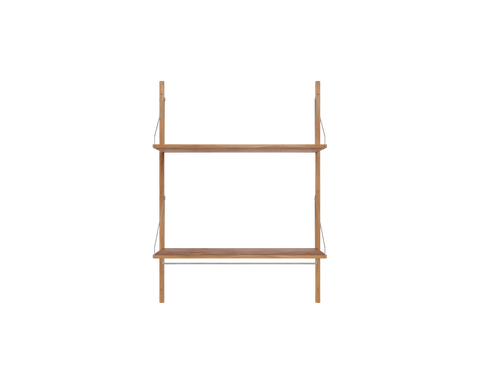 Frama Shelf Library Hanger Section in Natural Oak, wall unit with two oak shelves and a hanging rail under the upper shelf, front view on white
