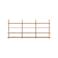 Frama Shelf Library Triple Section in Natural Oak, three bays of oak shelves on a wall rail, four shelves across, on white