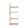 Frama Shelf Library Add-on Section in Natural Oak, narrow wall unit with one upright and four oak shelves on wire supports, front view on white