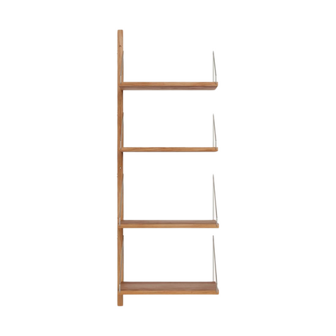 Frama Shelf Library Add-on Section in Natural Oak, narrow wall unit with one upright and four oak shelves on wire supports, front view on white
