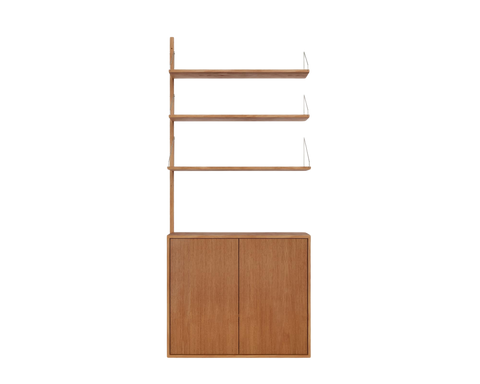 Frama Shelf Library Medium Cabinet Add-on Section in Natural Oak, tall unit with three open oak shelves above a two door cabinet, shown on white